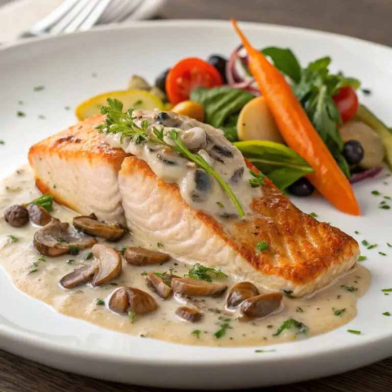 Filet de poisson sauce champignons servi chaud