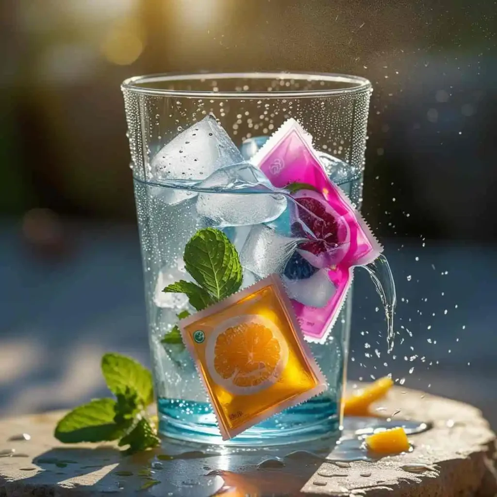 Frozen fruit water sachets being opened and served in a tall glass with ice cubes. Condensation visible on the sachet. Summery and refreshing atmosphere. Natural outdoor light.