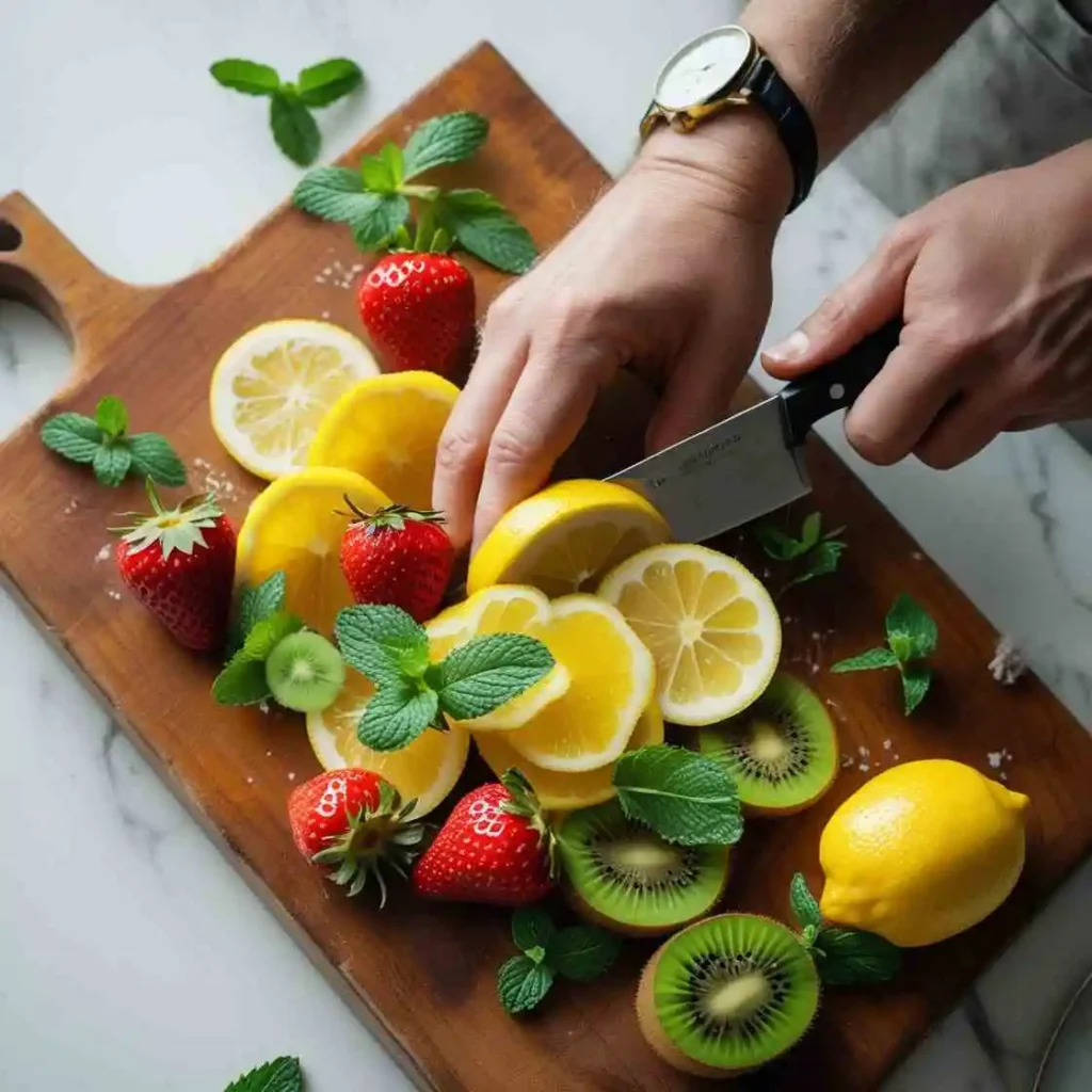 Top-down view of fresh fruit slices being prepared: strawberries, lemon, kiwi, and mint on a wooden cutting board. Chef’s hands slicing lemon. Clean, minimal kitchen background. Bright lighting.