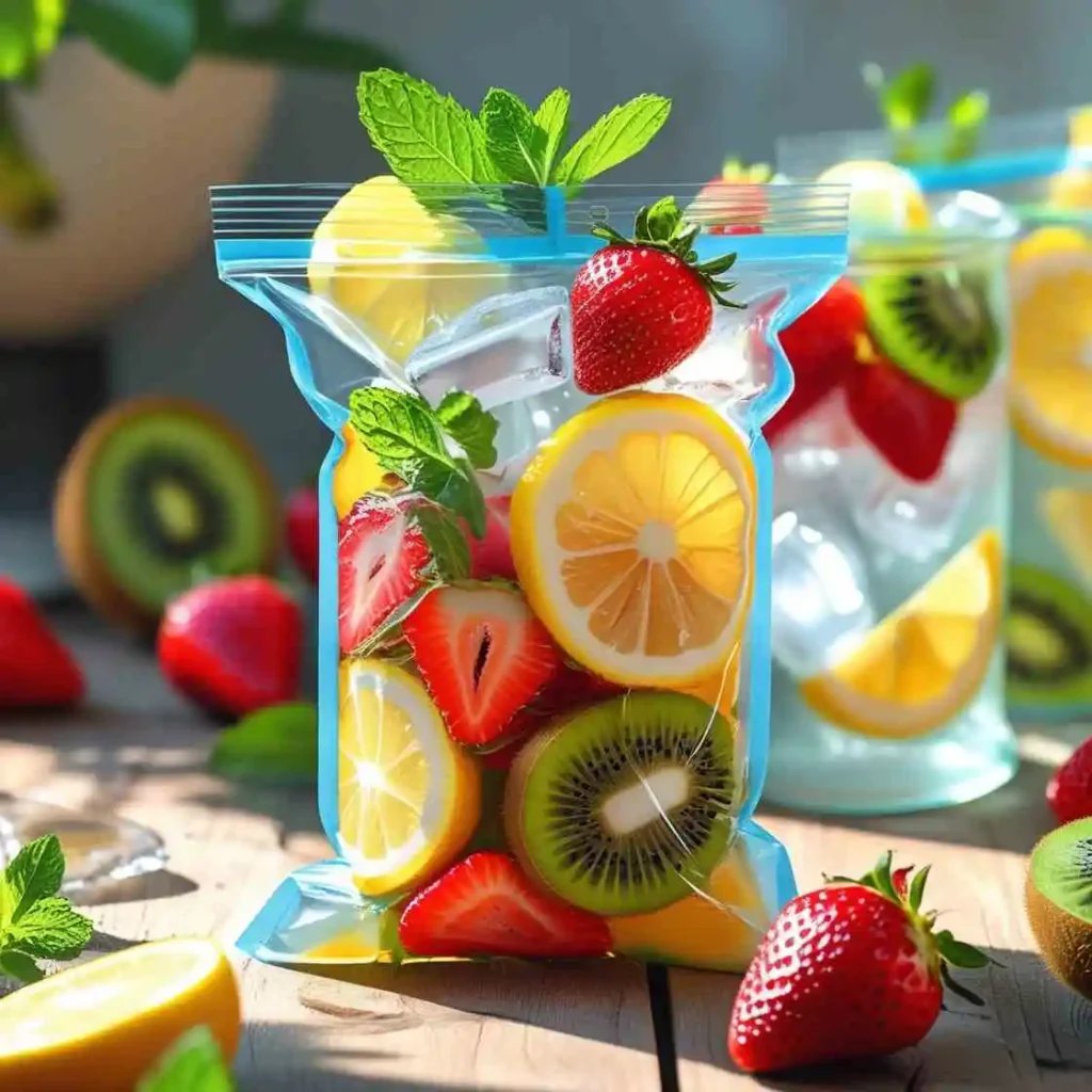 Boisson glacée en sachet avec fraise, citron, kiwi et menthe, sur une table en bois