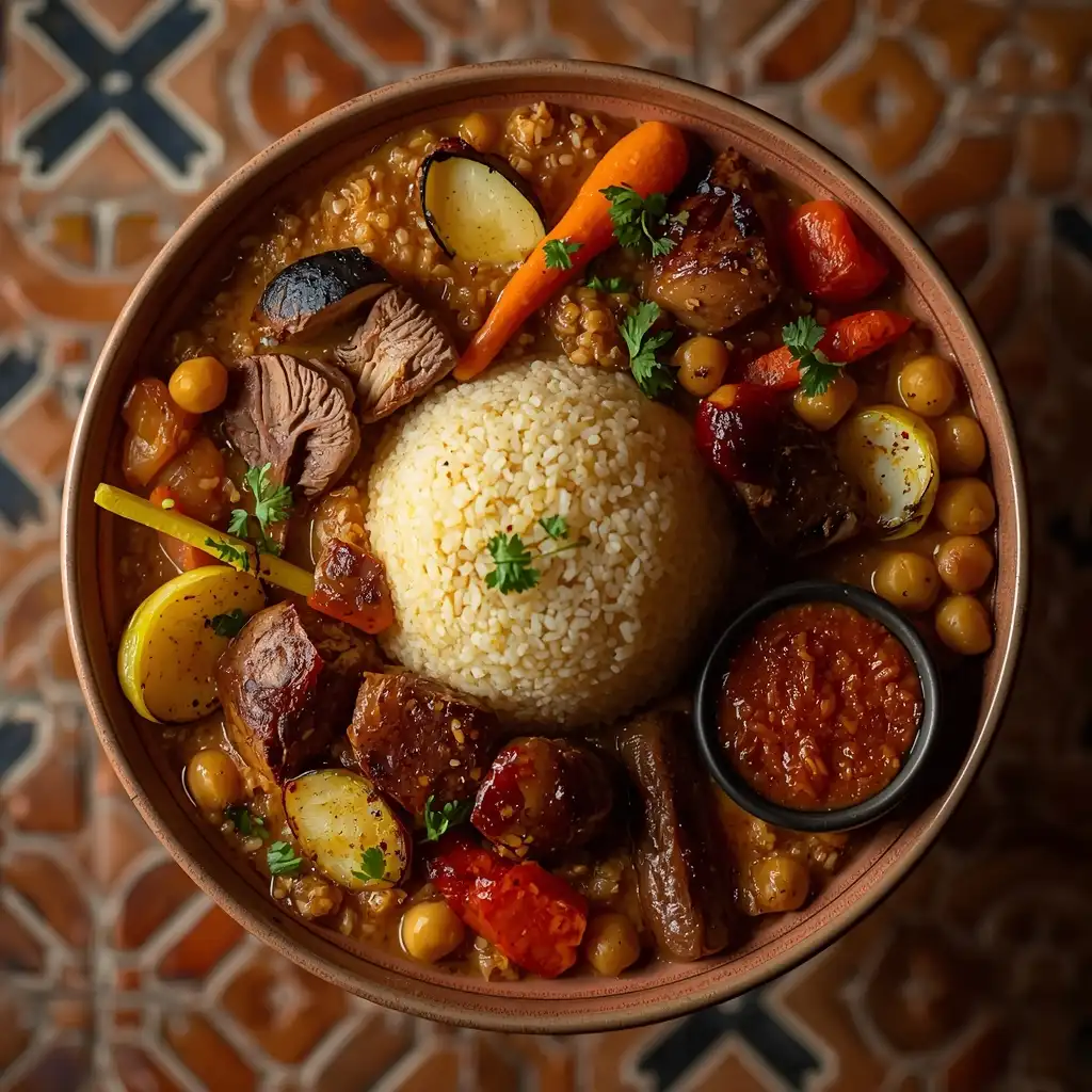 Plat de Couscous Royal traditionnel et généreux avec agneau, poulet, merguez, légumes variés et semoule fine, prêt à être dégusté.