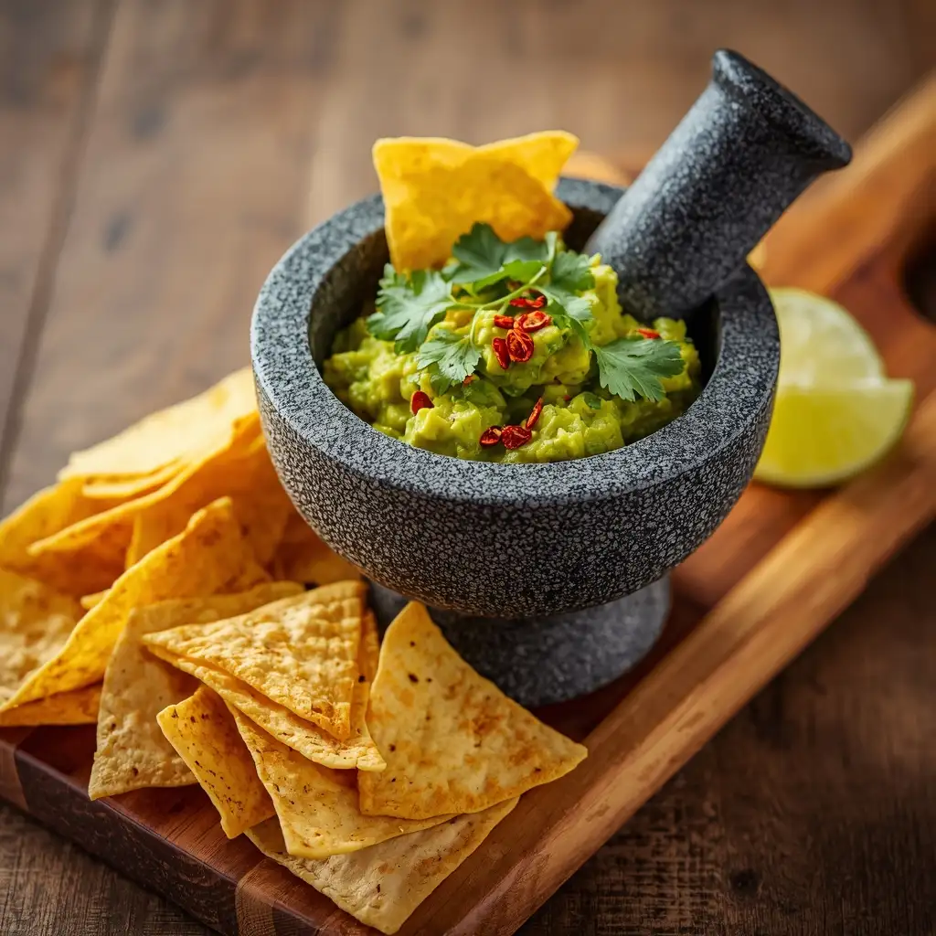 Guacamole frais et onctueux dans un molcajete en pierre, avec des chips de tortilla dorées et de la coriandre fraîche.